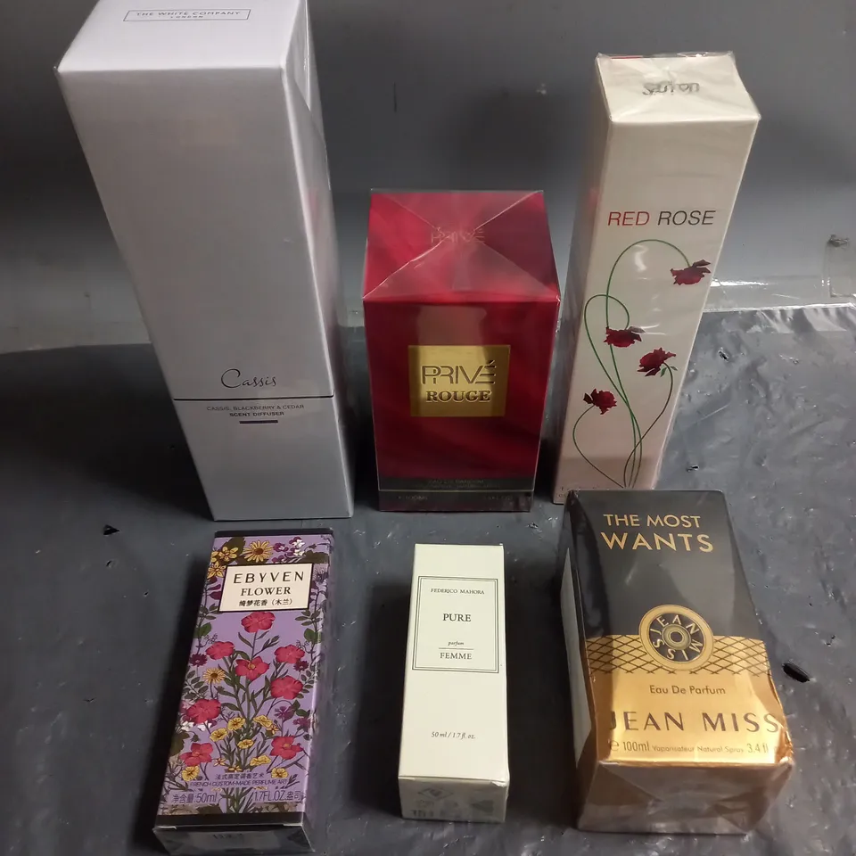 BOX OF APPROXIMATELY 5 ASSORTED SEALED FRAGRANCES TO INCLUDE - PRIVE ROUGE - EBYVEN FLOWER - JEAN MISS THE MOST WANTS - ETC