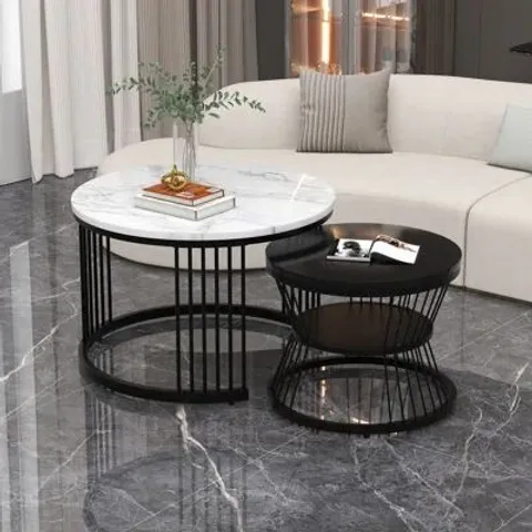 BOXED NESTING COFFEE TABLE ROUND END TABLES, SET OF 2 - BLACK/WHITE (1 BOX)