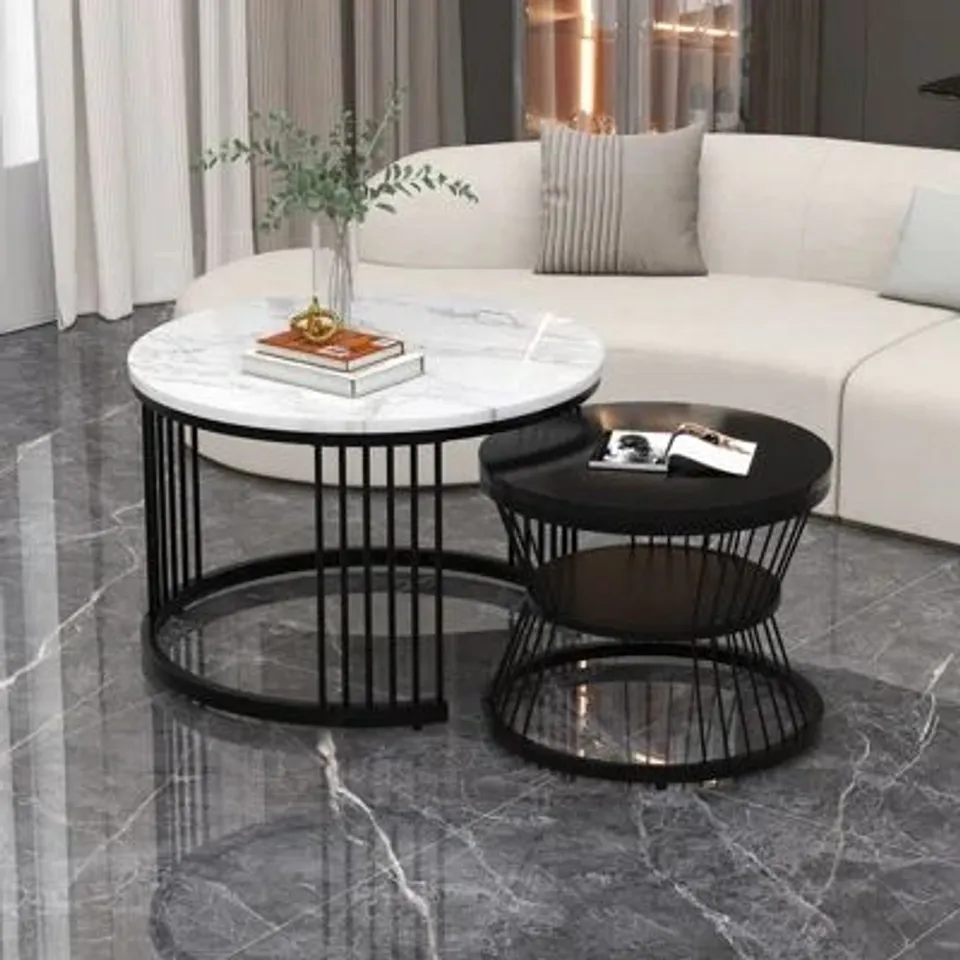 BOXED NESTING COFFEE TABLE ROUND END TABLES, SET OF 2 - BLACK/WHITE (1 BOX)