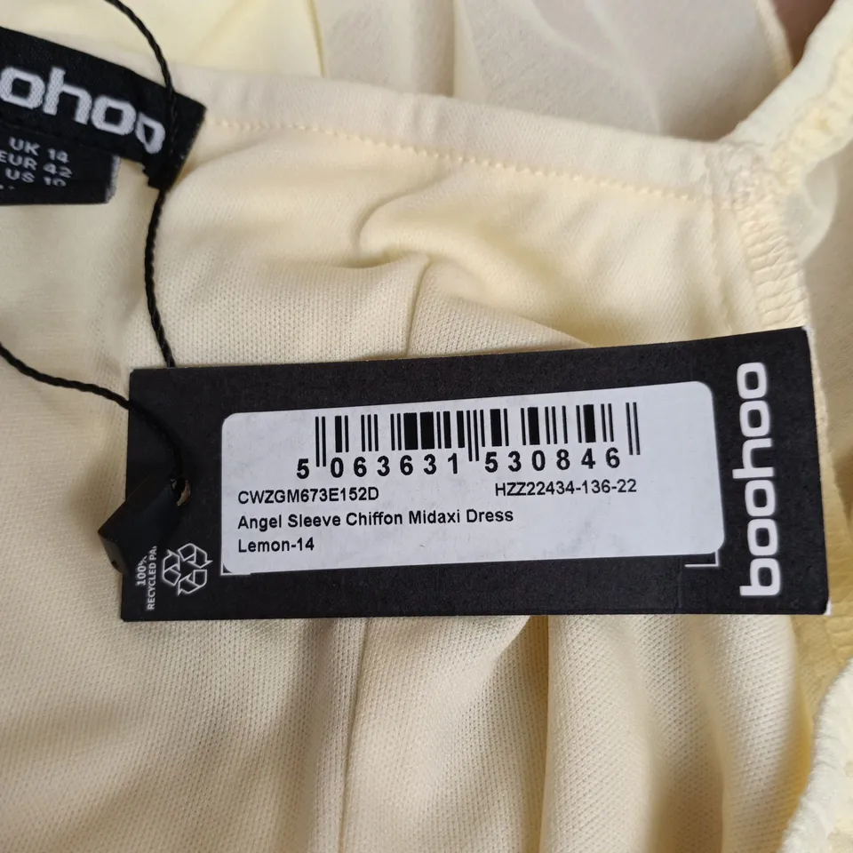 BOOHOO ANGEL SLEEVE CHIFFON MIDAXI DRESS – LEMON, UK 14