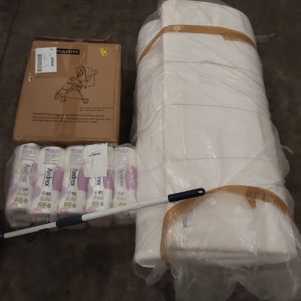 PALLET OF ASSORTED ITEMS INCLUDING PUSHCHAIR, MATTRESS, TOILET PAPER, ONE TOUCH EASY MOP