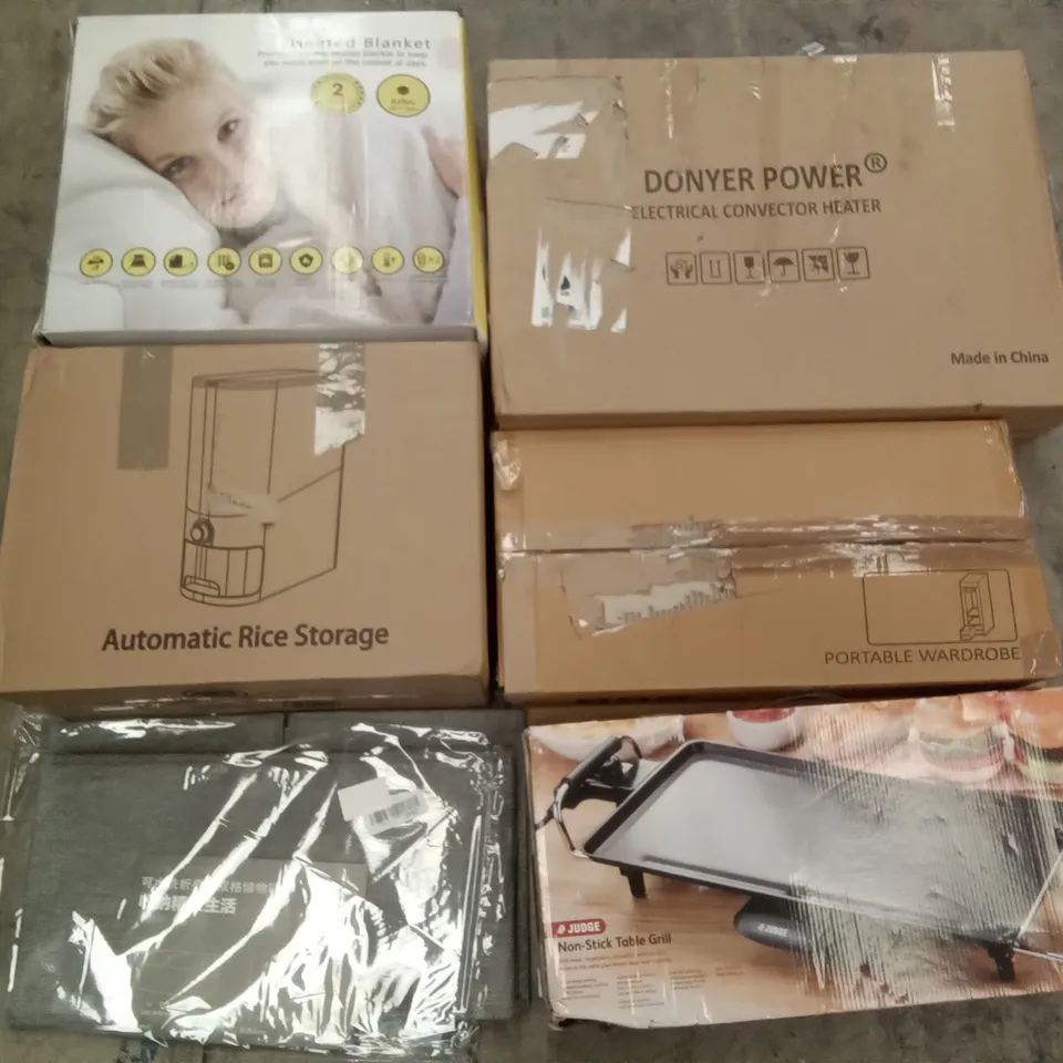 PALLET OF ASSORTED ITEMS INCLUDING AUTOMATIC RICE STORAGE, HEATED BLANKET, DONYER POWER ELECTRICAL CONVECTOR HEATER, PORTABLE WARDROBE, JUDGE NON-STICK TABLE GRILL, FOLDABLE STORAGE BOX 