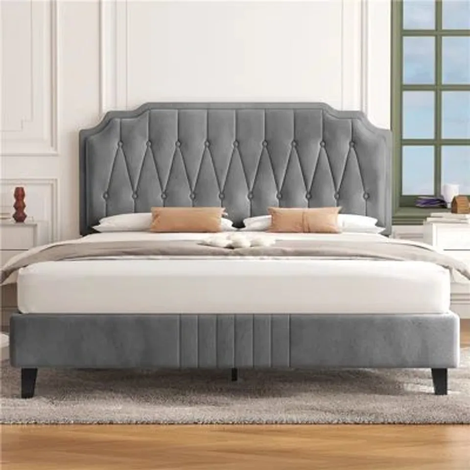 BOXED UPHOLSTERED BED FRAME WITH BUTTON-TUFTED HEADBOARD (2 BOXES) -DOUBLE- -GREY-