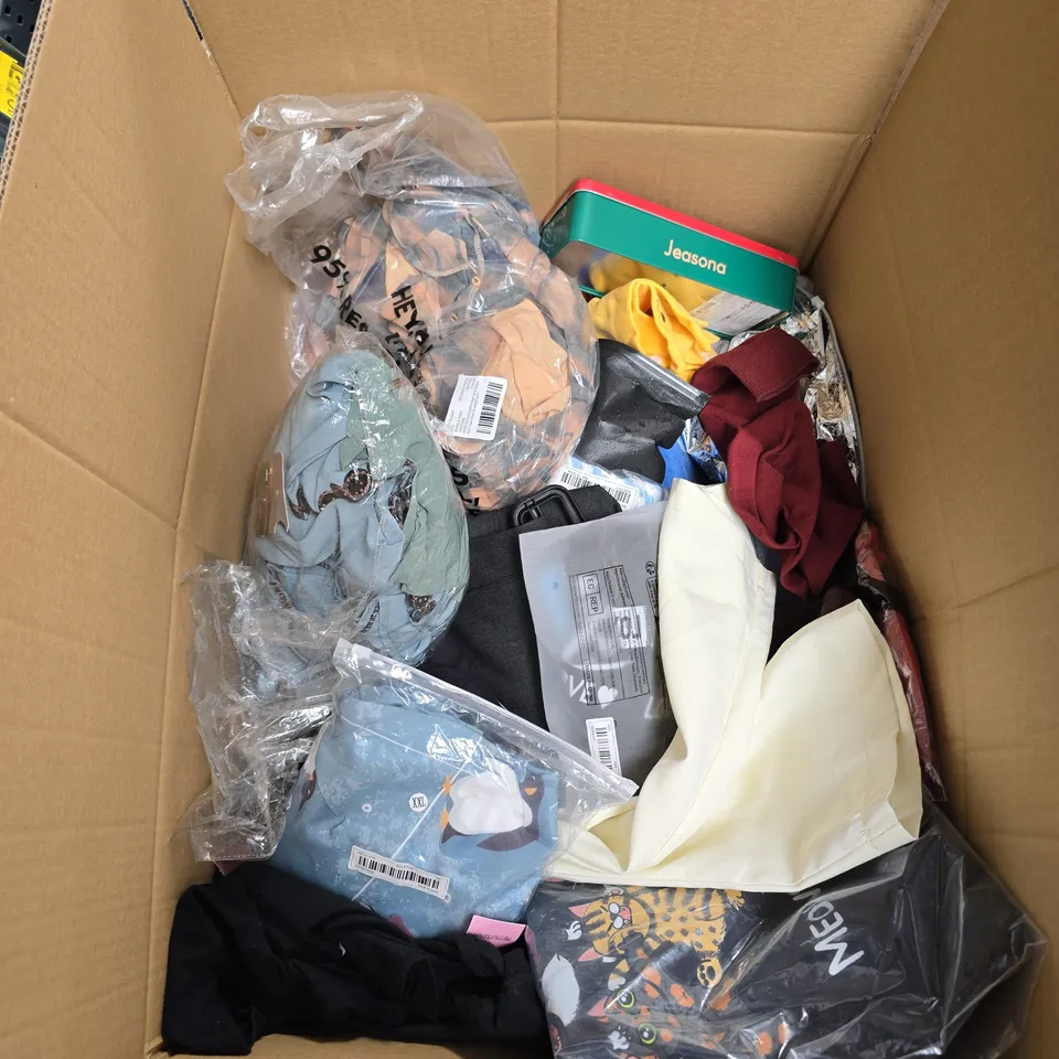 BOX OF APPROXIMATELY 20 ASSORTED CLOTHING ITEMS TO INCLUDE DRESS, SOCKS, JEANS, ETC