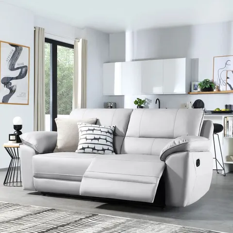 BOXED SEVILLE 3 SEATER MANUAL RECLINER SOFA - LIGHT GREY PREMIUM FAUX LEATHER // PARTS MISSING