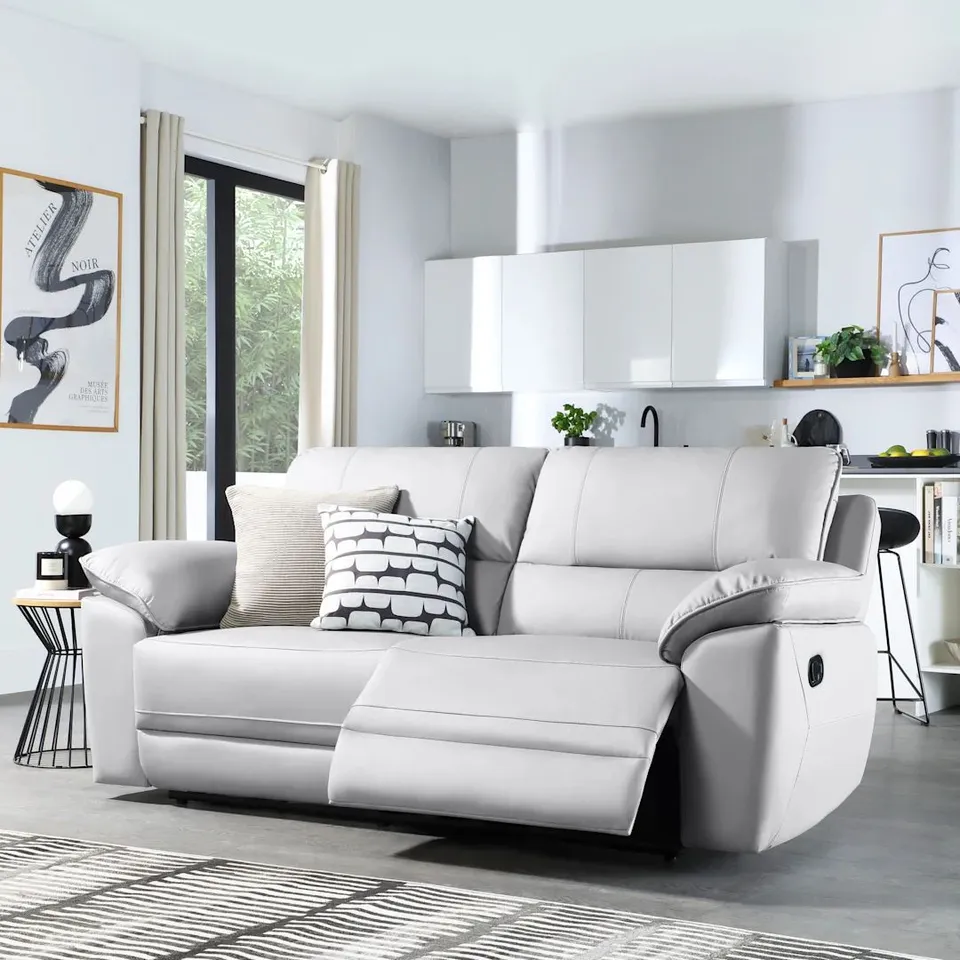 BOXED SEVILLE 3 SEATER MANUAL RECLINER SOFA - LIGHT GREY PREMIUM FAUX LEATHER // PARTS MISSING 
