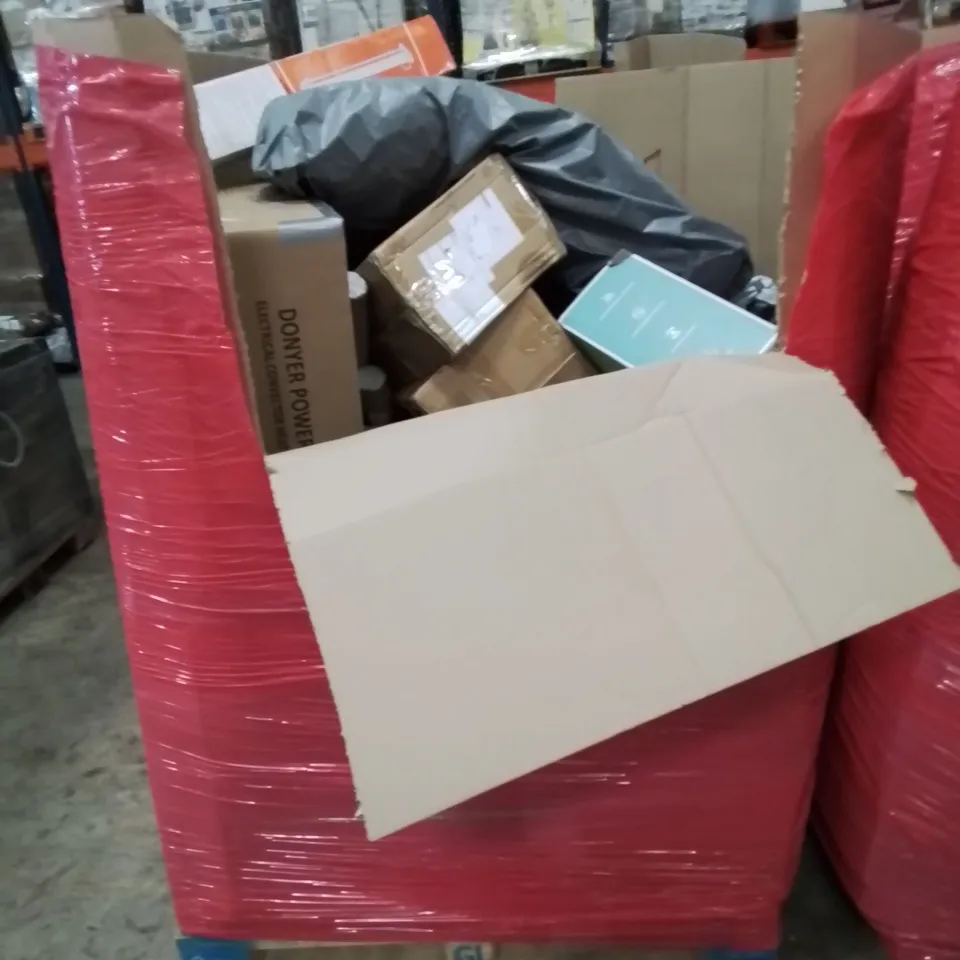 PALLET OF ASSORTED HOUSEHOLD ITEMS AND CONSUMER PRODUCTS TO INCLUDE; ELECTRICAL CONVECTOR HEATER, FOOT MASSAGER, VARIOUS OTHER ITEMS