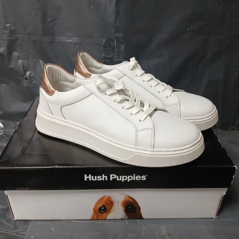 BOXED PAIR OF HUSH PUPPIES CAMILLE LACE CUPSOLE WOMENS TRAINERS IN WHITE - UK 6