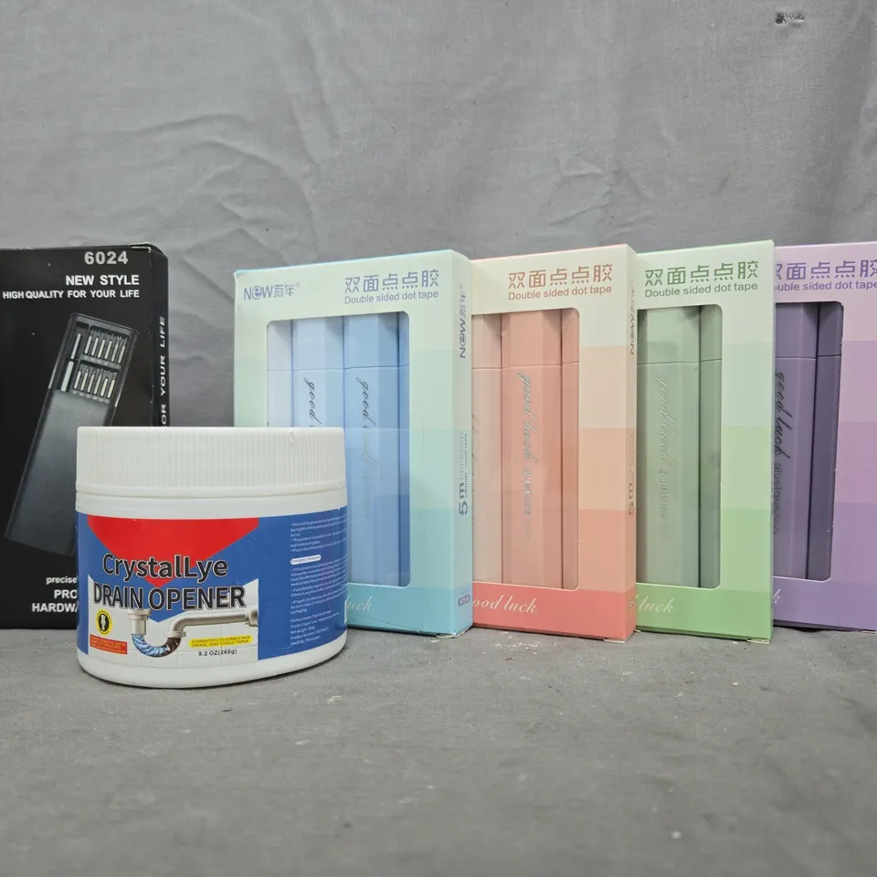 APPROXIMATELY 10 ASSORTED HOUSEHOLD ITEMS TO INCLUDE CRYSTALLYE DRAIN OPENER, DOUBLE SIDED DOT TAPE, ETC