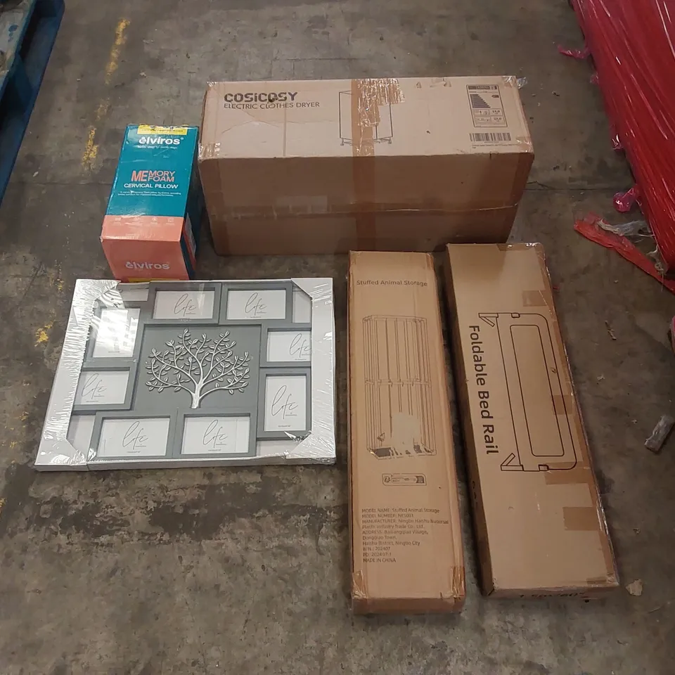 PALLET OF ASSORTED ITEMS INCLUDING: ELECTRIC CLOTHES DRYER, MEMORY FOAM CERVICAL PILLOW, FOLDABLE BED RAIL, STORAGE CAGE ECT