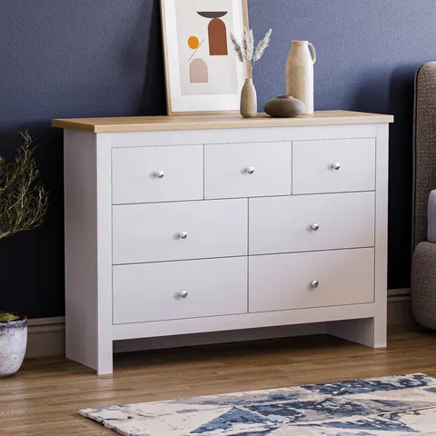 BOXED MORLEY 7 DRAWER 111.5CM W CHEST OF DRAWERS - WHITE & OAK (2 BOXES)