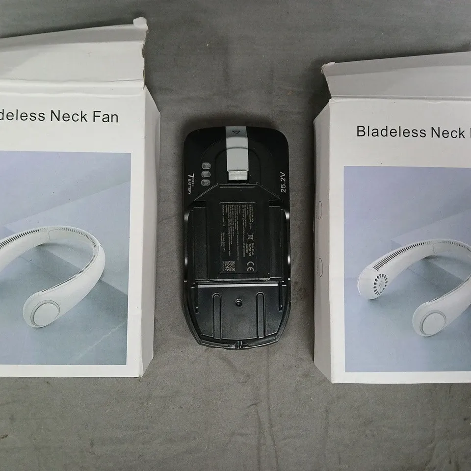 BOX OF APPROXIMATELY 10 ASSORTED HOUSEHOLD ITEMS TO INCLUDE BLADELESS NECK FANS, ETC