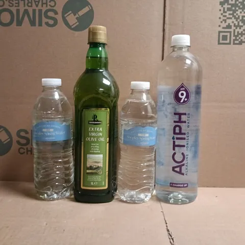 APPROXIMATELY 10 ASSORTED FOOD AND DRINK ITEMS TO INCLUDE EXTRA VIRGIN OLIVE OIL, SPRING WATER, ETC