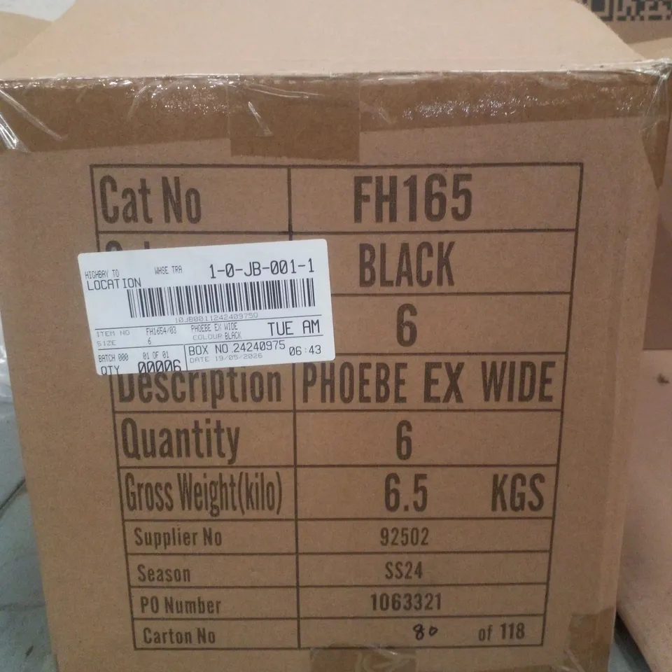 BOX CONTAINING APPROXIMATELY 6 PAIRS OF BRAND NEW SIMPLY BE BLACK PHOEBE EX WIDE SANDALS - SIZE 6