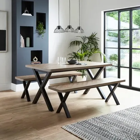 BOXED EZRA 6 SEATER FAUX RUSTIC PARQUET DINING TABLE WITH 2 BENCHES (2 BOXES)