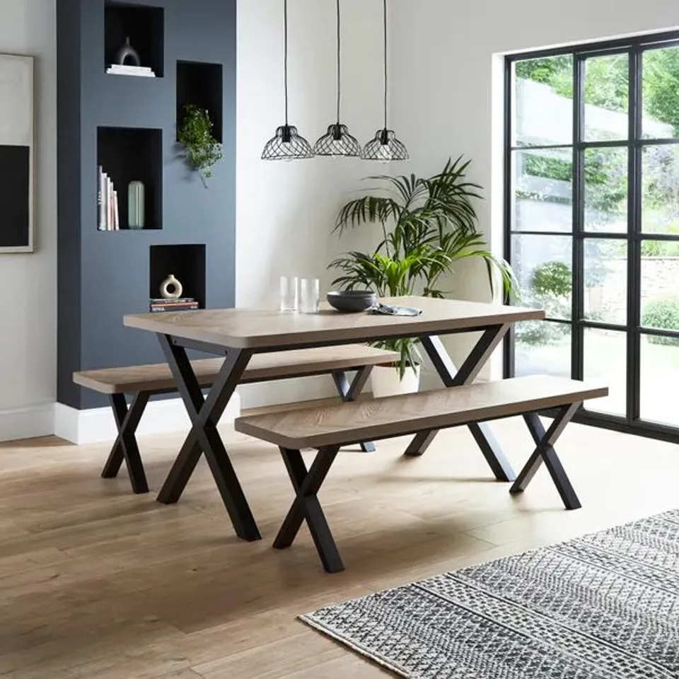 BOXED EZRA 6 SEATER FAUX RUSTIC PARQUET DINING TABLE WITH 2 BENCHES (2 BOXES)