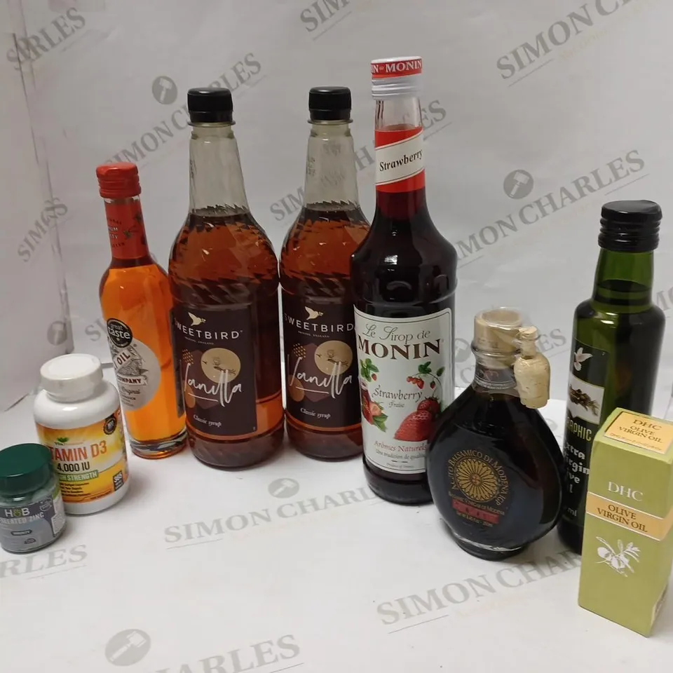 LOT OF APPROXMATELY 9 ITEMS TO INCLUDE 2 SWEETBIRD VANILLA SYRUP (1L), MONIN STRAWBERRY SYRUP 700 ML, VITAMIN D SUPPLEMENT 4000 IU MAXIMUM STRENGTH VITAMIN D3 UK MADE (365 CAPSULES), ETC