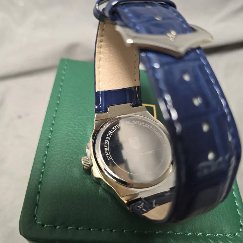MENS FRANK SCHMIDT WATCH – BLUE DIAL & BLUE LEATHER STRAP - STAINLESS STEEL BACKCASE – 3ATM WATER RESISTANT – GIFT BOX
