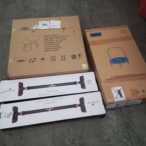 PALLET OF ASSORTED HOUSEHOLD GOODS AND PRODUCTS TO INCLUDE; NESTING COFFEE TABLES, CHILDREN'S TRAMPOLINES, DOORWAY CHIN-UP BARS ETC