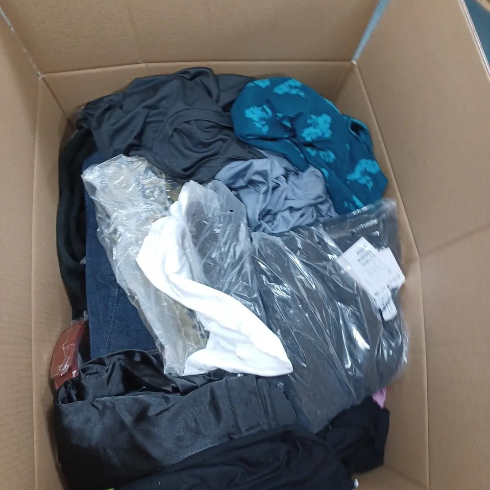 BOX OF ASSORTED CLOTHING ITEMS TO INCLUDE TOPS, TROUSERS, SWEATERS ETC 