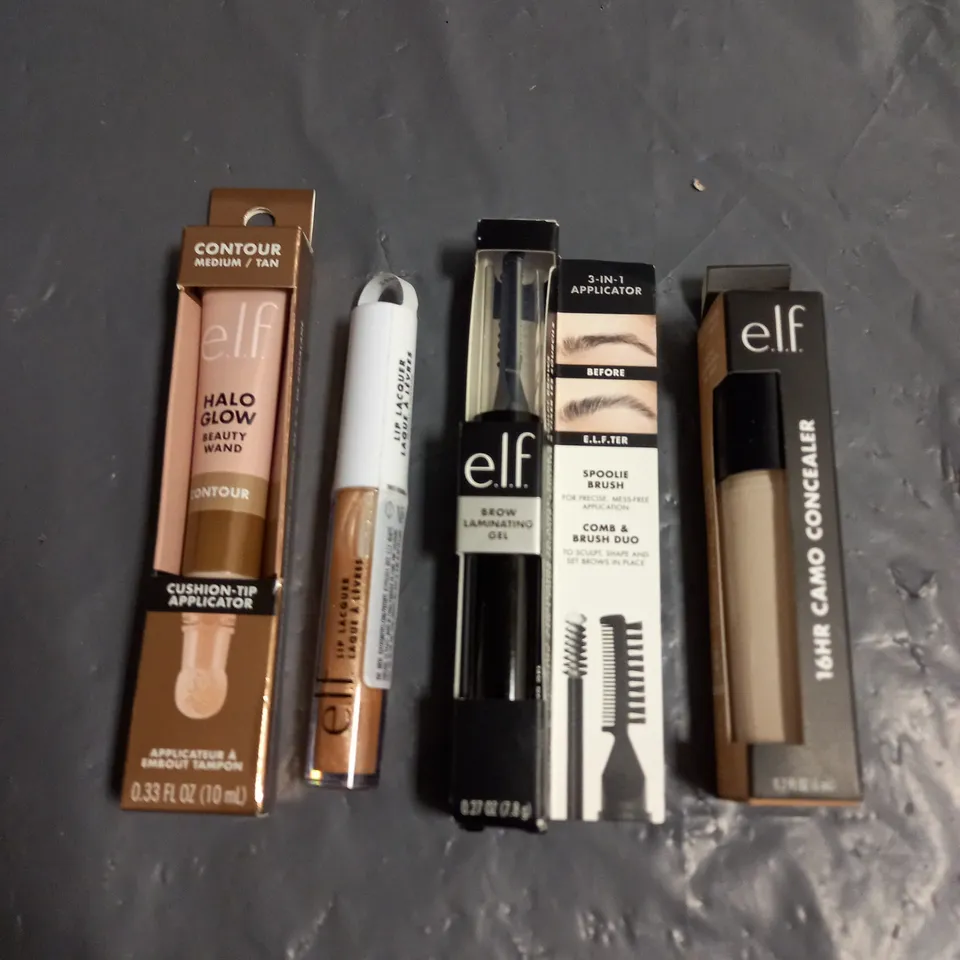 ELF LOT OF 4 ASSORTED COSMETIC PRODUCTS TO INCLUDE - CAMO CONCEALER FAIR BEIGE - CLEAR BROW LAMINATING GEL - HALO GLOW CONTOUR WAND MEDIUM - ETC