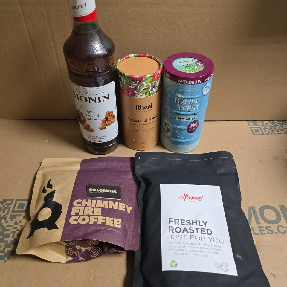 APPROXIMATELY 10 ASSORTED FOOD/DRINK PRODUCTS TO INCLUDE JOHN WEST TUNA, BALANCE TONIC, CHIMNEY FIRE COFFEE ETC 