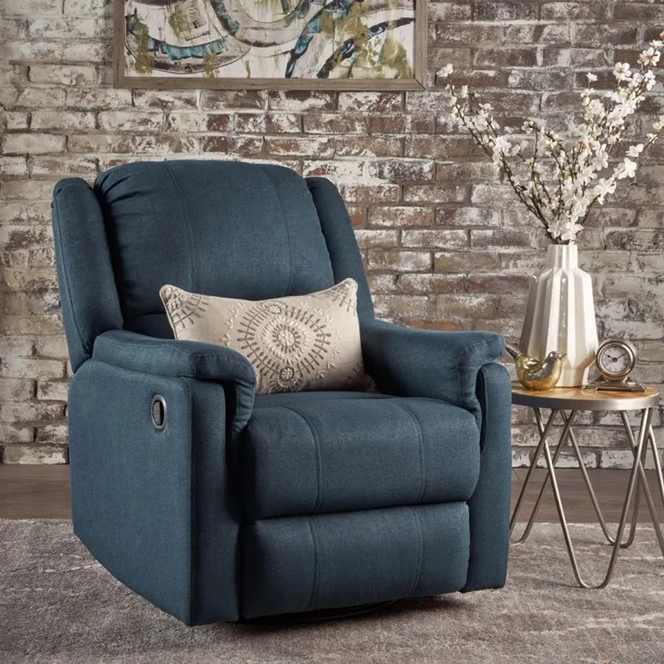 BOXED MANUAL RECLINING EASY CHAIR NAVY BLUE FABRIC 
