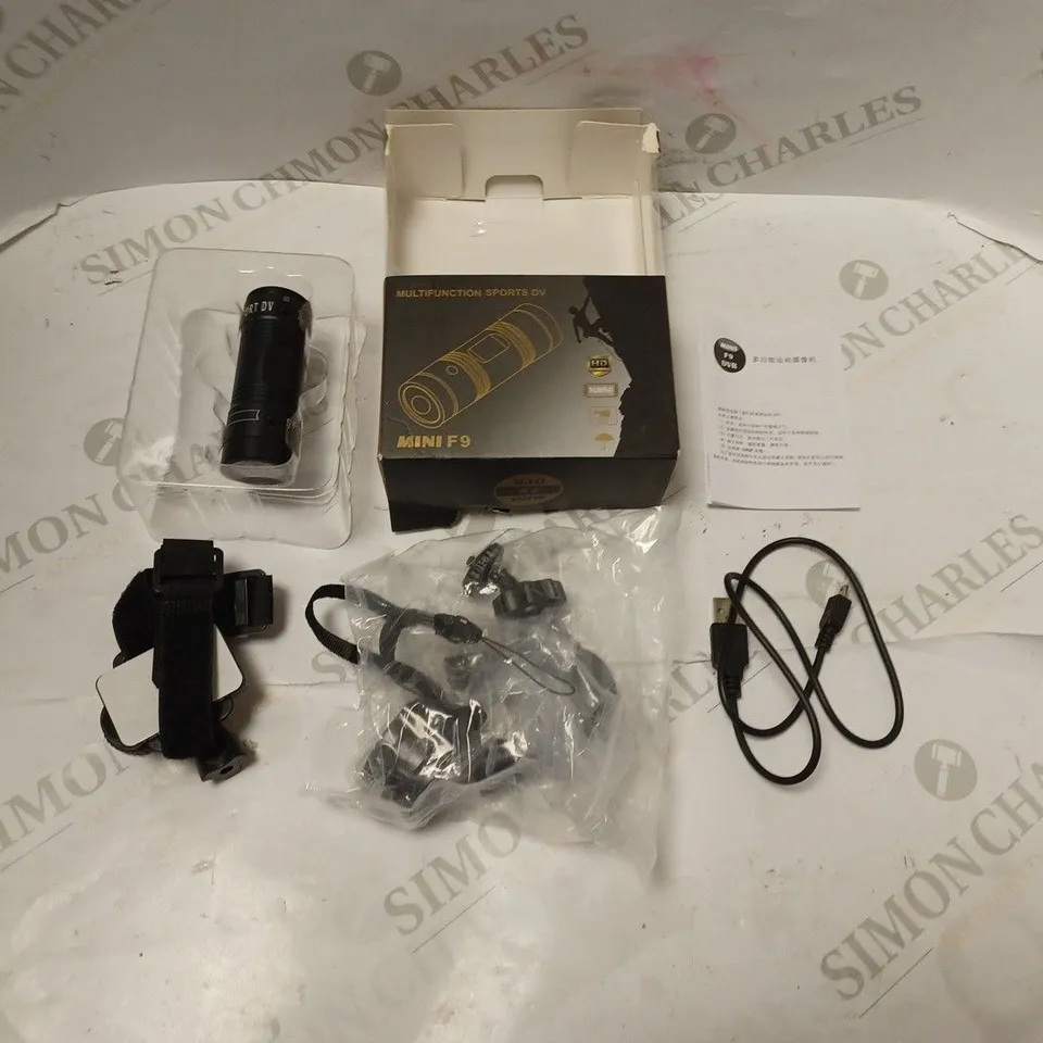 BOXED SPORTS DVR CAMERA WITH WRIST STRAP, ACCESSORIES, USB CABLE AND INSTRUCTIONS