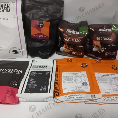 BOX OF 8 ASSORTED COFFEE PRODUCTS TO INCLUDE CARAVAN ROASTERS, LAVAZZA, MISSION ETC