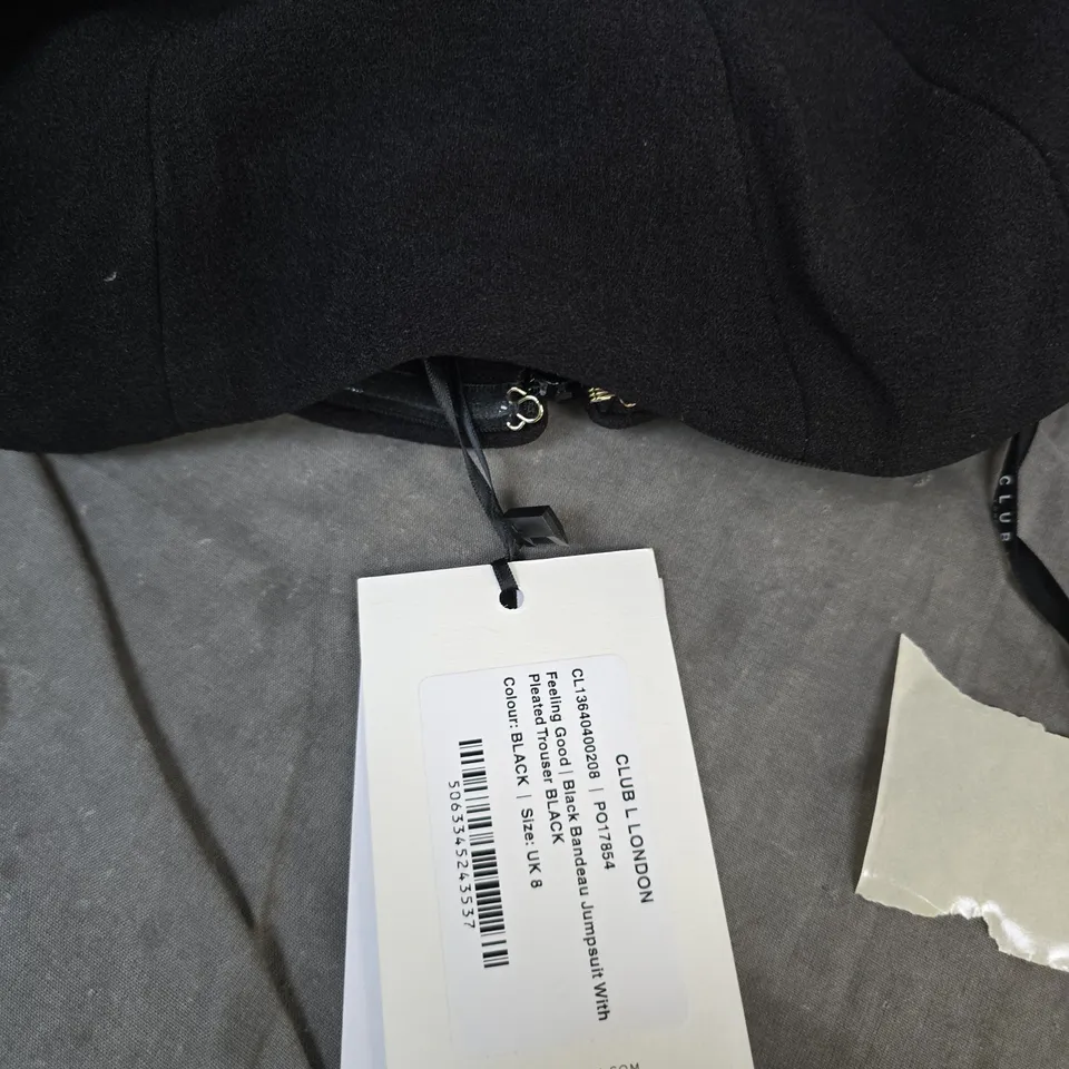 CLUB LONDON BLACK STRAPLESS EVENING DRESS WITH PLEATED SKIRT, UK 8