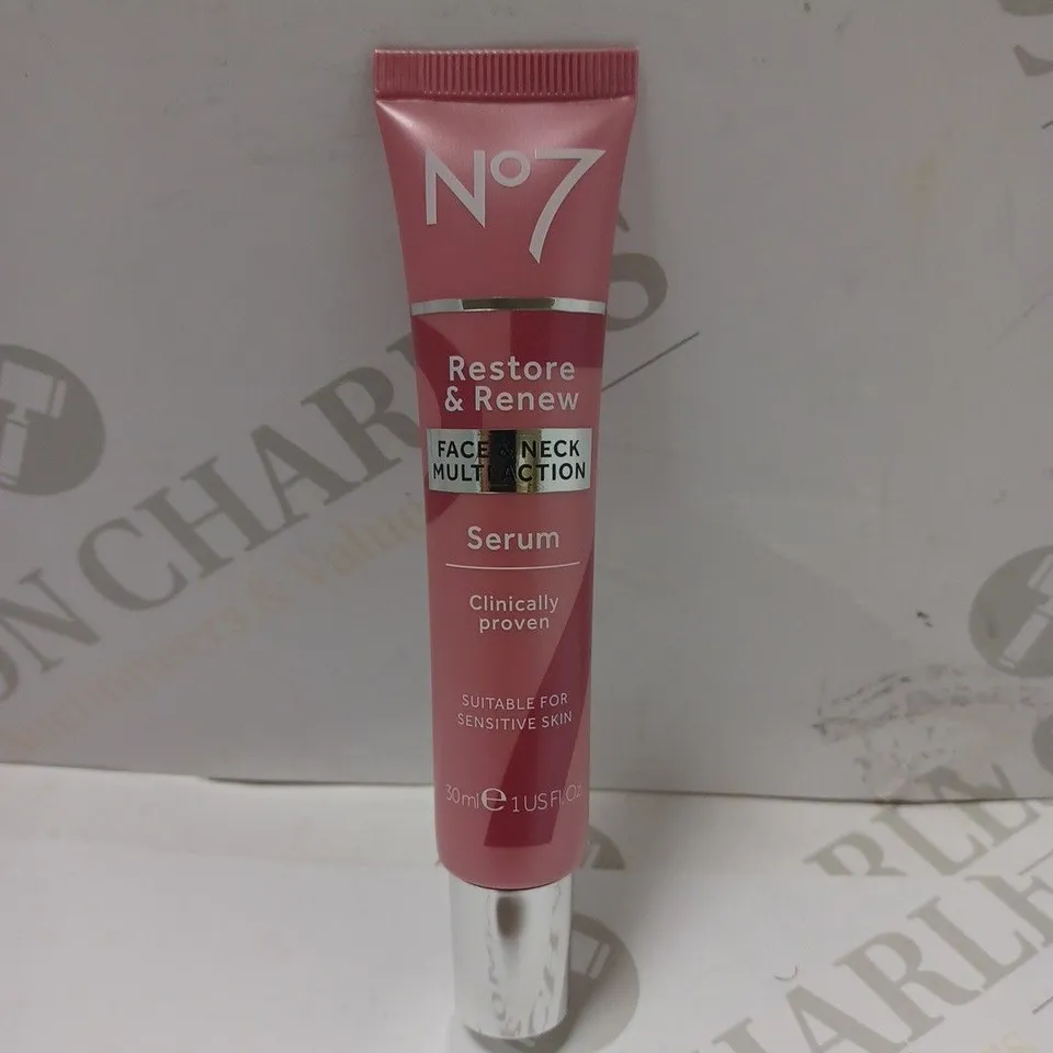 BOX OF APPROX 3 NO7 RESTORE & RENEW FACE AND NECK MULTI-ACTION SERUM 30ML