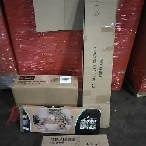 PALLET OF HOUSEHOLD ITEMS TO INCLUDE DOUBLE SIDE SIGN STAND, NATURAL BAMBOO BATH TRAY,FOOT WARMER, VIBRATION EXCERISE MACHINE AND OTHER ASSORTED ITEMS...