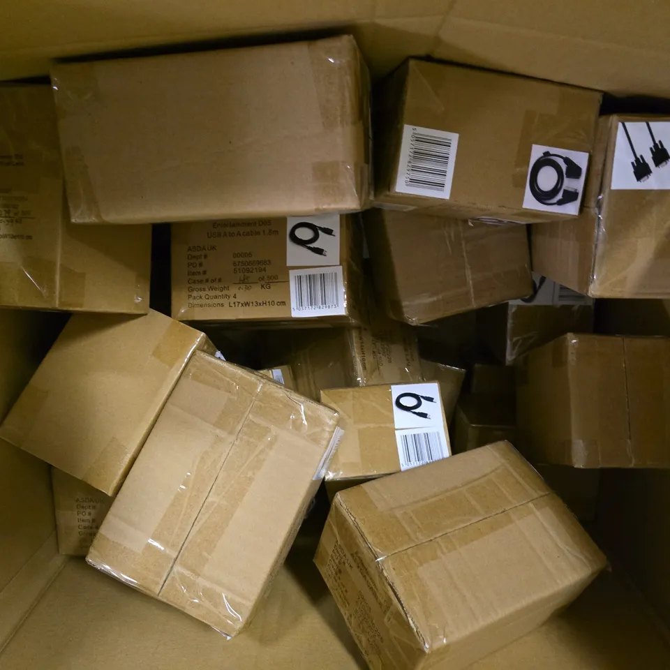 BOX OF APPROXIMATELY 18 BOXES OF 4 ASSORTED CABLES TO INCLUDE - AT VGA CABLE 1.8M , USB A TO USB A CABLE , AT 1.5M SCART CABLE 
