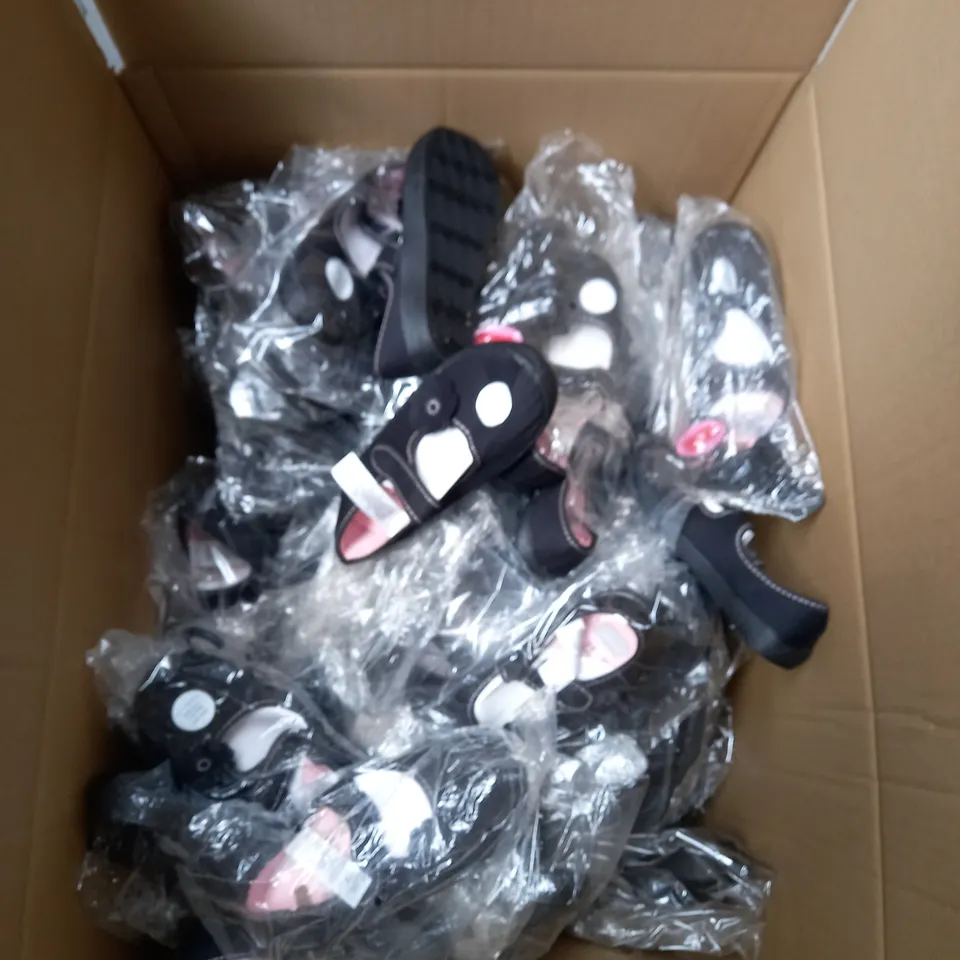 LARGE BOX OF APPROXIMATELY 40 PAIRS OF BLACK SCHOOL PUMPS IN VARIOUS SIZES