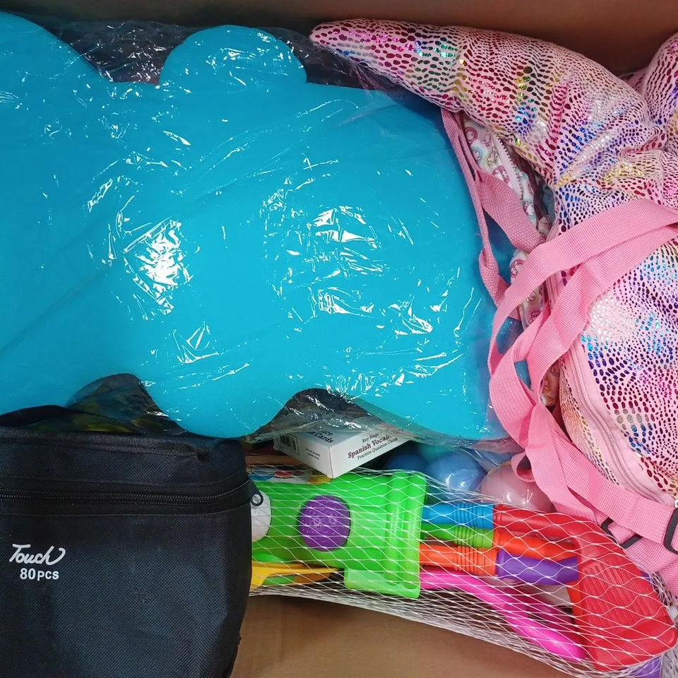 BOX OF APPROXIMATELY 20 ASSORTED TOYS AND GAMES TO INCLUDE FLOWER HEADBANDS, WWE CHAMPIONSHIP BELT, SET OF 24 COLOURED FELT TIPS, ETC