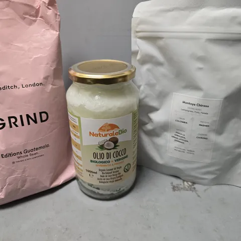 APPROXIMATELY 7 ASSORTED FOOD ITEMS TO INCLUDE - GRIND EDITIONS GUATEMALA WHOLE BEAN , NATURALE BIO OLIO DI COCCO ETC