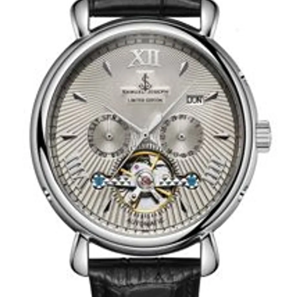 SAMUEL JOSEPH LIMITED EDITION STEEL & GREY AUTOMATIC DESIGNER MENS WATCH - HAND ASSEMBLED - SKELETON CASE, 20 JEWELS AND A LUXURY GENUINE LEATHER STRAP - ROUND CASE - WATER RESISTANT
