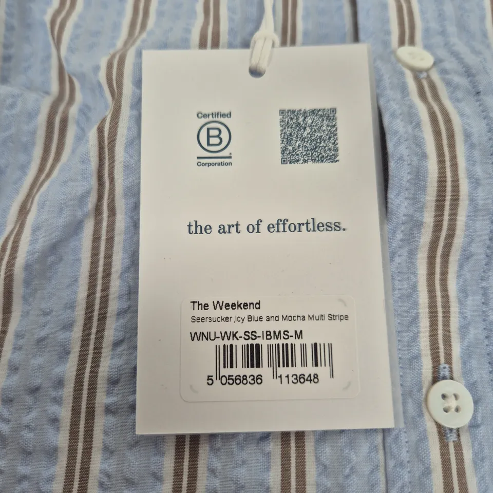 THE WEEKEND SEERSUCKER SHIRT – ICY BLUE & MOCHA STRIPE – MEN'S M