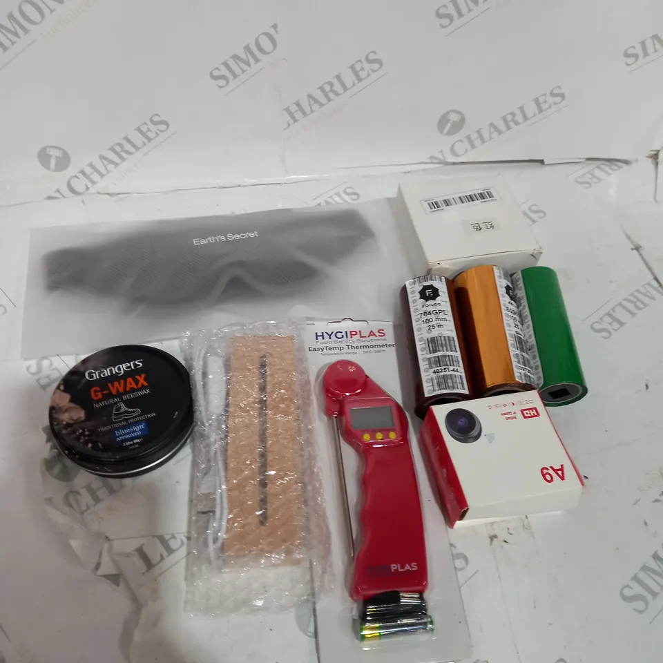 TOTE OF APPROXIMATELY 15 ASSORTED HOUSEHOLD  ITEMS TOO INCLUDE WAX  , THERMOMETER AND EGG TIMERS 