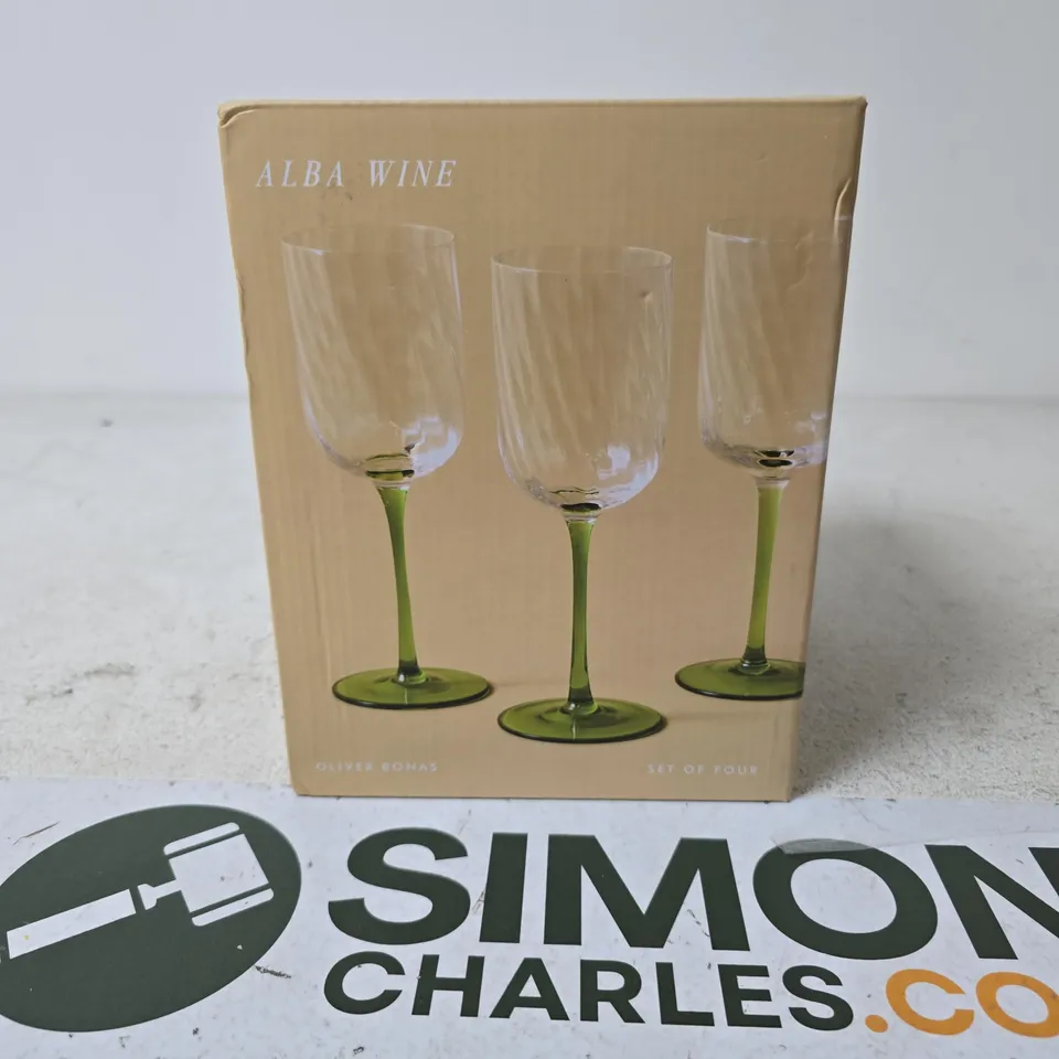 OLIVER BONAS ALBA WINE GLASSES – SET OF FOUR WITH GREEN STEMS (BOXED)