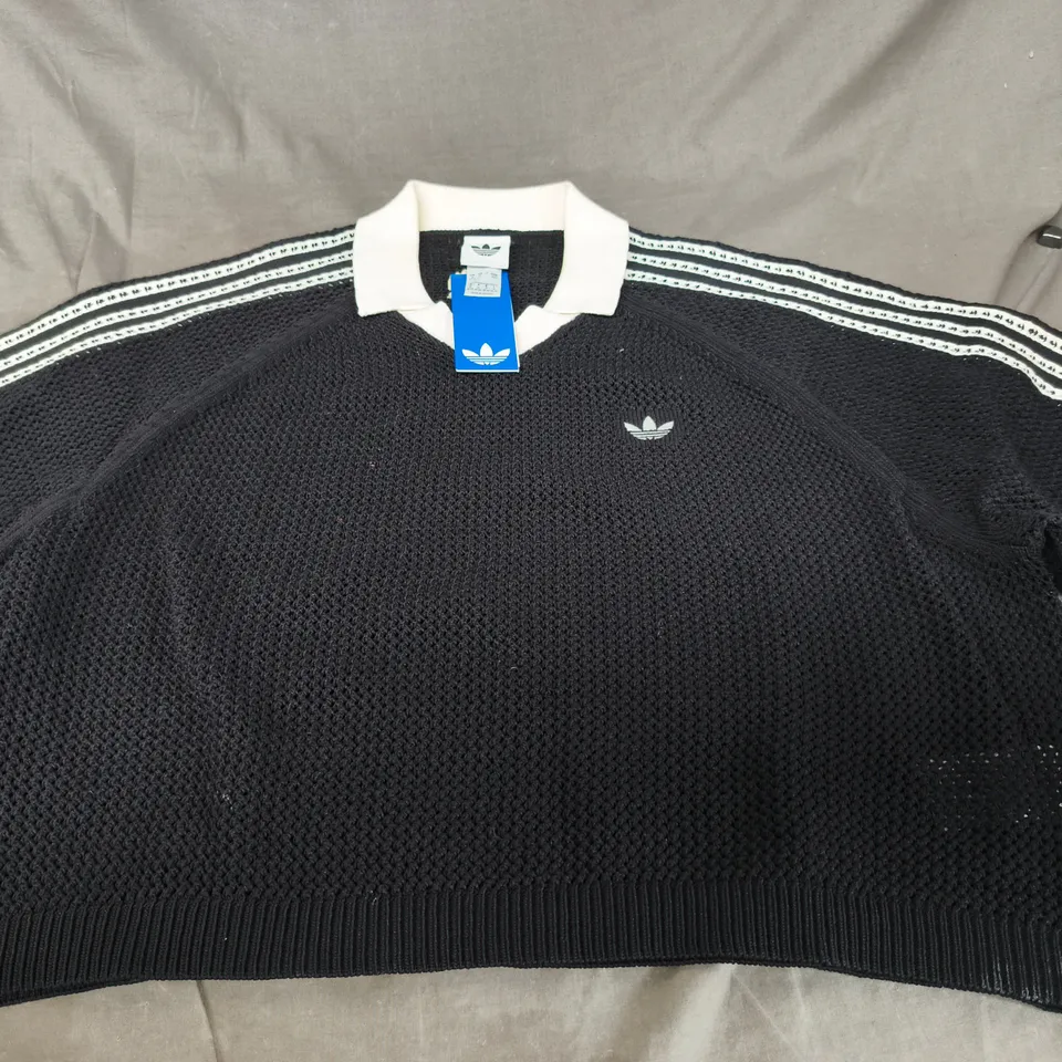 ADIDAS BLACK MESH-KNIT POLO TOP WITH WHITE COLLAR - SIZE M