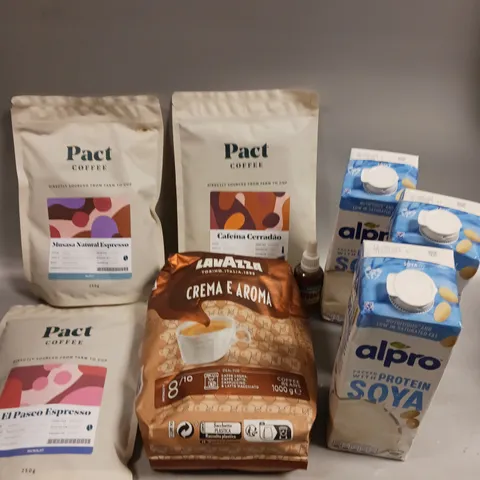 APPROXIMATELY 8 ASSORTED COFFEE PRODUCTS TO INCLUDE PACT COFFEE, LAVAZZA, PROTEIN SOYA ETC 