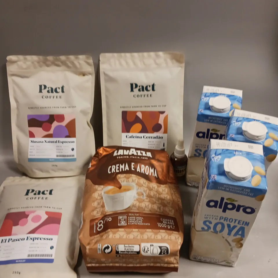 APPROXIMATELY 8 ASSORTED COFFEE PRODUCTS TO INCLUDE PACT COFFEE, LAVAZZA, PROTEIN SOYA ETC 