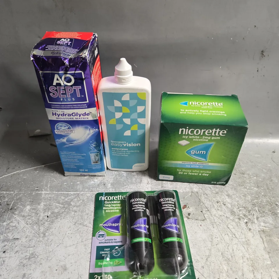 APPROXIMATELY 20 ASSORTED HEALTH PRODUCTS TO INCLUDE CONTACT LENS SOLUTION, NICORETTE PRODUCTS ETC 
