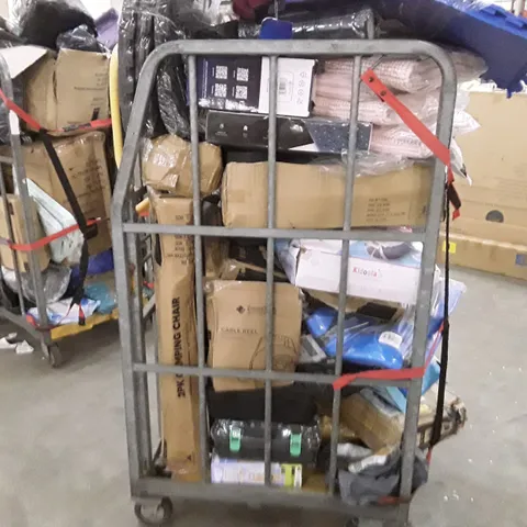 CAGE TO CONTAIN AN ASSORTMENT OF HOUSEHOLD ITEMS TO INCLUDE FOAM ROLLERS, BATH MATS, HANGERS AND EXERCISE MATS ECT