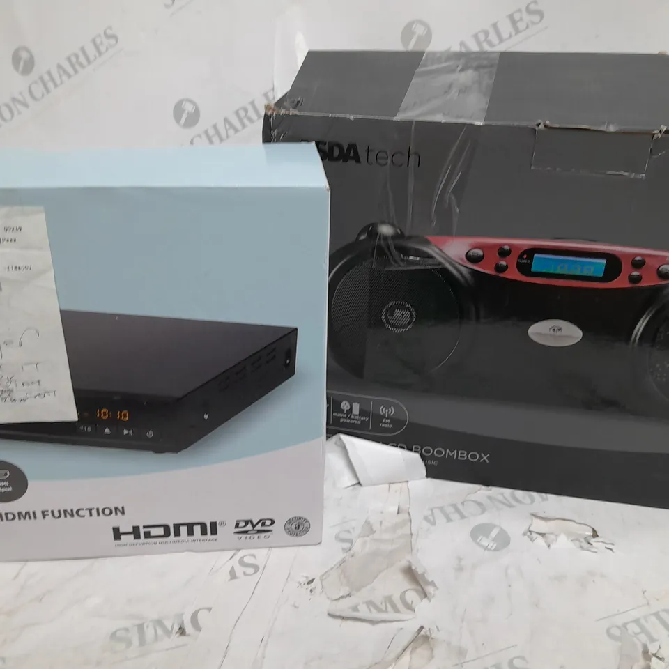  APPROXIMATELY 5 ASSORTED ASDA TECH ITEMS INCLUDING BLUETOOTH CD BOOMBOX, DVD PLAYER WITH HDMI FUNCTION