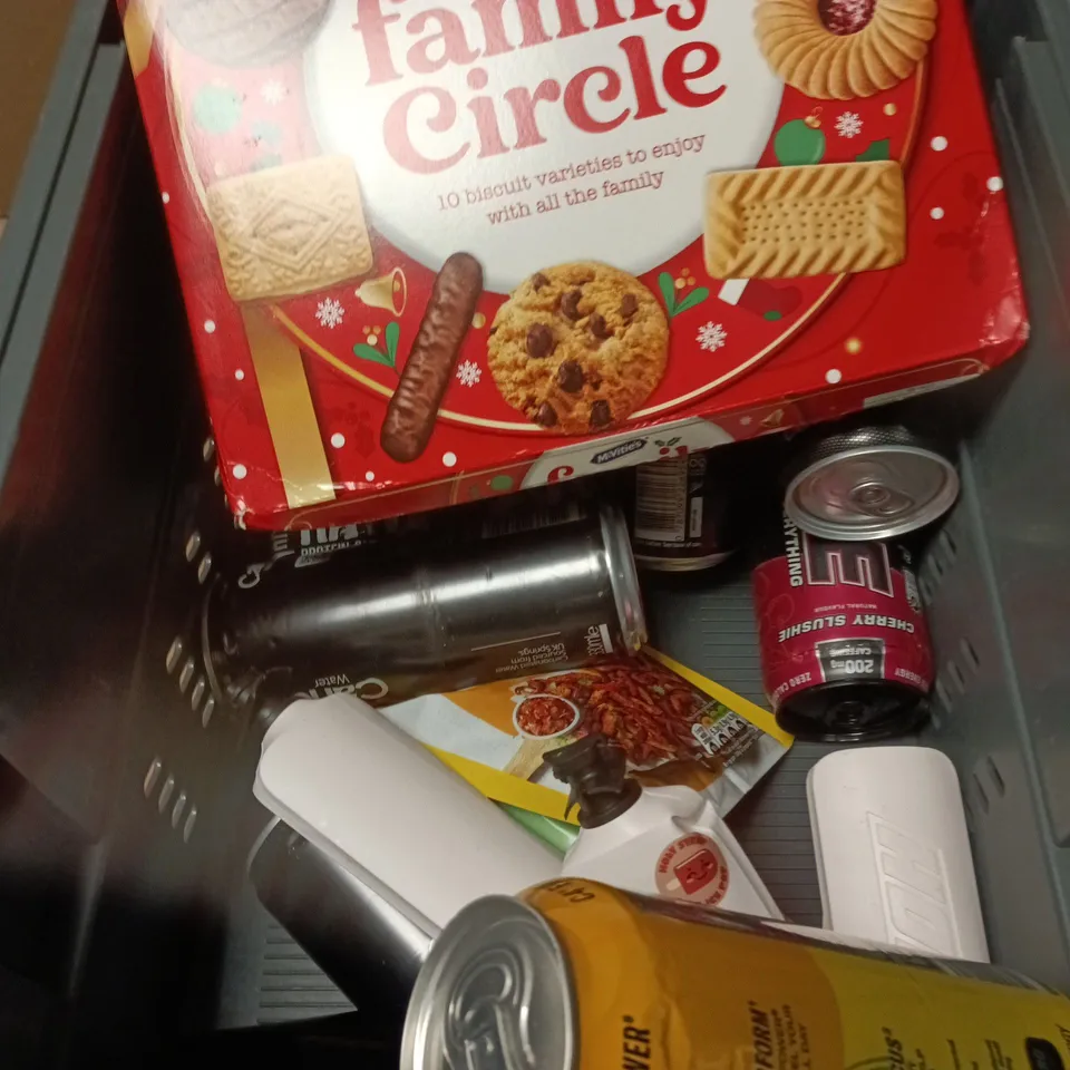 APPROXIMATELY 10 ASSORTED FOOD AND DRINK ITEMS INCLUDING MCVITIES FAMILY CIRCLE BISCUITS AND C4 ENERGY DRINK