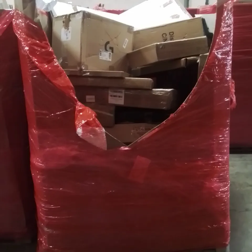 PALLET CONTAINING VARIOUS ASSORTED BOXED HOUSEHOLD ITEMS TO INCLUDE: DISTILLERY, TOILET SAFETY RAILS, GAZEBO AND LOTS MORE UNMARKED BOXED ITEMS 