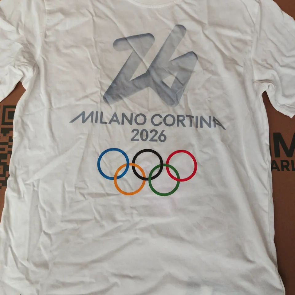MILANO CORTINA 2026 WINTER OLYMPICS OFFICIAL PRIMARY LOGO GRAPHIC T-SHIRT IN WHITE SIZE UNSPECIFIED