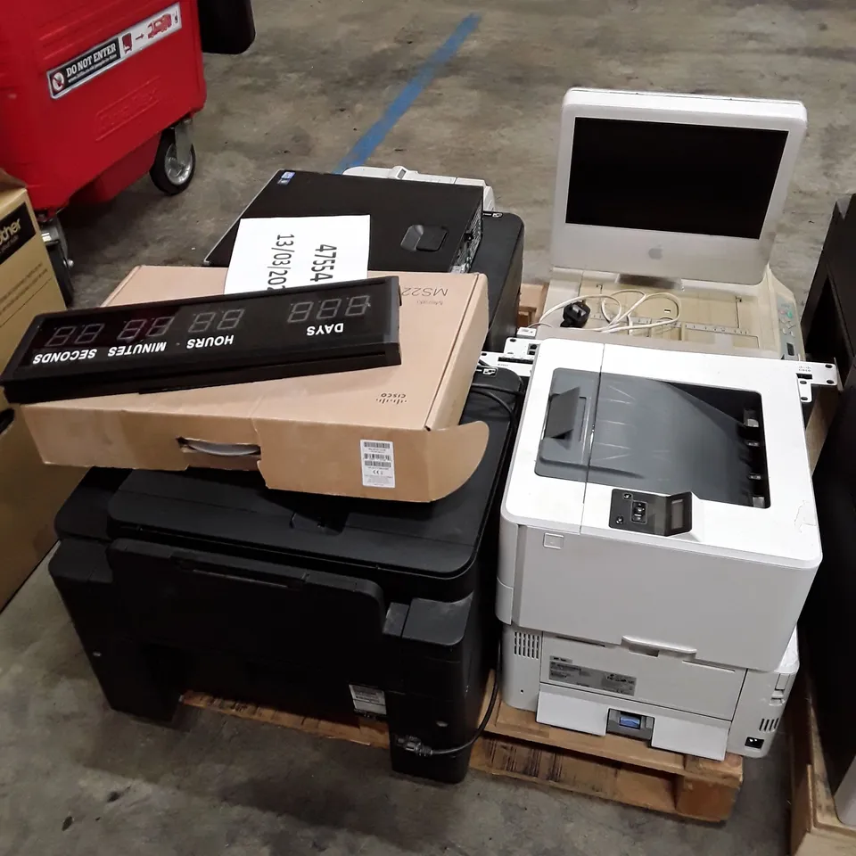 PALLET OF ASSORTED OFFICE EQUIPMENT INCLUDING PRINTERS, DESKTOP & ROUTERS